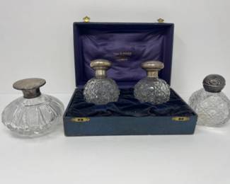 Antique Cut Crystal Glass Perfume Bottles - Italian Silver - Samuel M. Levi Sterling
