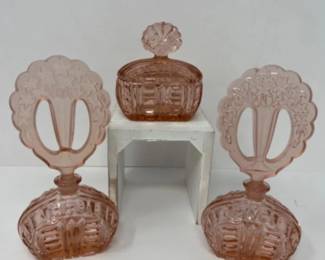 Art Deco Irice Pink Czech Glass Vanity Set - Perfume Bottles & Dish