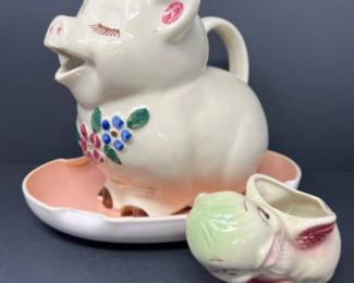 RARE Fire King Peach Vitrock Garden Tray - Shawnee Smiley Pig Pitcher