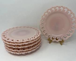(6) RARE Vintage FENTON Pink Milk Scroll Lace Reverse C 9" Plates