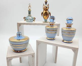 Vintage Irice Blue & Gold Czech Glass Vanity Set Perfume Bottles & Dish +