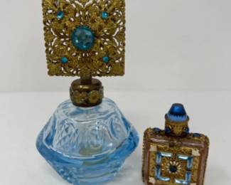 Vtg Antique Gold Filigree Irice Perfume Bottle & Mini Czech Jeweled Bottle