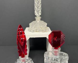 Vintage Czech Cut Crystal Clear & Ruby Red Perfume Bottle Trio