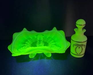 Northwood Opalescent Vaseline Bowl & Portieux Vallerysthal Bottle