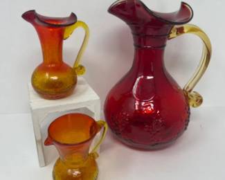 Vtg Hand Blown Amberina Crackle Glass Mini Pitchers & Red Glass Pitcher