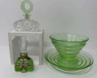 Vtg Antique Uranium Glass - Czech Cut Glass Perfume Bottles + Bowl & Plate