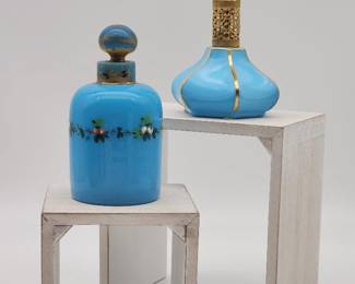 Antique French Blue Opaline Enamel & Vtg Irice Perfume Bottles