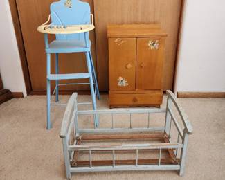 Vintage 1950's Amsco Doll-E-Hichair High Chair - Wardrobe & Cradle