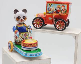 Vintage KO Circus Clown Tin Litho Car & Unmarked Drumming Panda