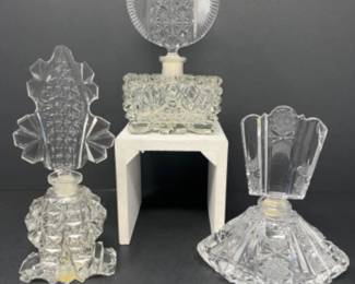 Vintage Czech Cut Crystal Clear Perfume Bottle Trio