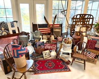 Antique church pew, 48 star flag, enamel Coca Cola sign, vintage tobacco basket, Belgium watering can, Jack Frost pedestal fan, galavanized Igloo dispenser