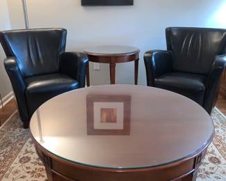 Harden Glass Top Cocktail Table & Side Table, 2 Faux Leather Club Chairs. 