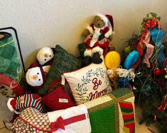Christmas balls, ornaments, picks, wreaths, rugs, pillows