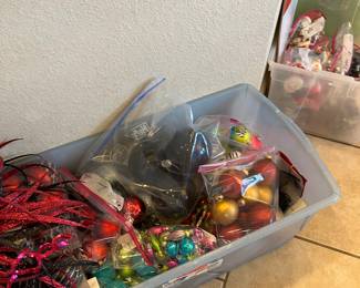 Christmas balls, ornaments, picks, wreaths, rugs, pillows