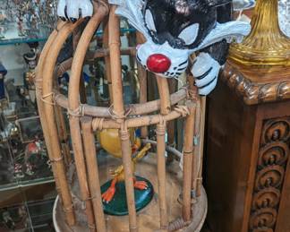 Tweety and Sylvester, polychrome resin, bamboo and board