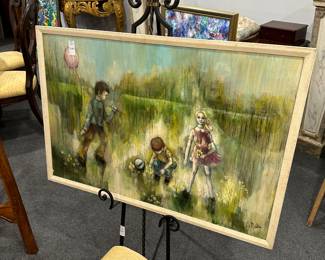 Children Playing Oil Painting Signed D. Melton