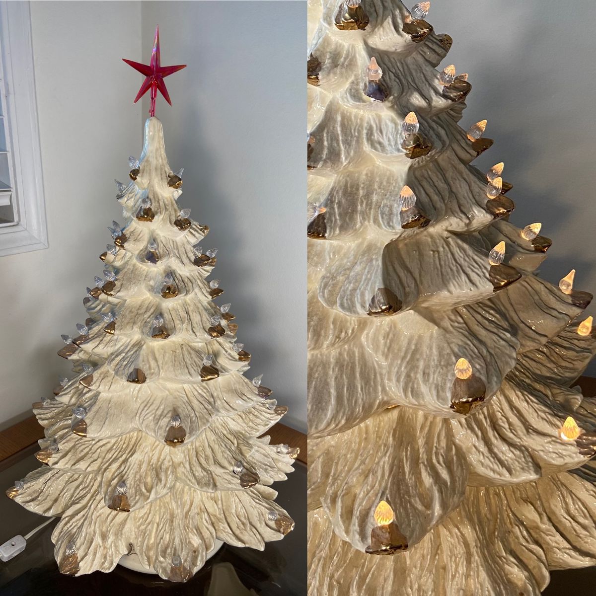 1970’s Hand Painted White Gold Tips Ceramic 22” without star lighted Working Christmas Tree, 16” at widest part of Tree