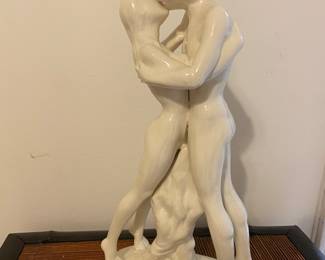 Hand Painted/Glazed Off White Ceramic Nude Man and Woman Kissing