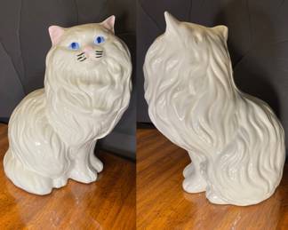 Hand Painted Vintage White Persian Ceramic Cat Blue Eyes