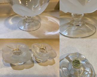 Cristal J G Durand France Frosted Petal Footed Fruit Salad Bowl & Pair Candle Holders