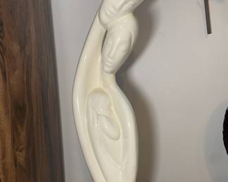 Hand Painted/Glazed Off White Ceramic Mother Father Child Abstract Statue