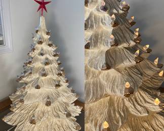 1970’s Hand Painted White Gold Tips Ceramic 22” without star lighted Working Christmas Tree, 16” at widest part of Tree