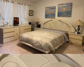 Mid Century Modern BEDROOM FURNITURE OFF WHITE LACQUERED HEADBOARD PAIR NIGHTSTANDS & DRESSER