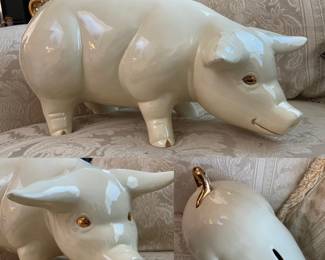 Vintage Hand Painted/Glazed with Gold Accents Pig Piggy Bank 18” Long x 10” Tall