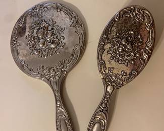 Vintage Ladies Dresser Vanity 2 Pc
Set- Brush & Mirror Silver Plated raised Roses Design
