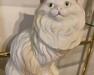 Hand Painted Vintage White Persian Ceramic Cat Green Eyes