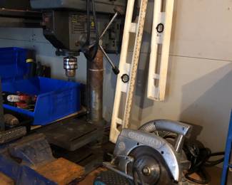 Vintage Drill Press, Vise, Makita Sander, Craftsman Circular Saw, Level Bars.