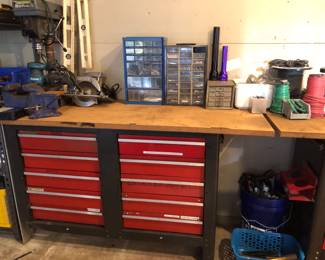 1 of 2 Craftsman 10 Drawer Tool Chest with custom attached wooden work top.  Wooden Work Top Surface Measures 55.5/8 x 24in. 10 Drawer cabinet measures 46in W  x 31.5in H x 19 D