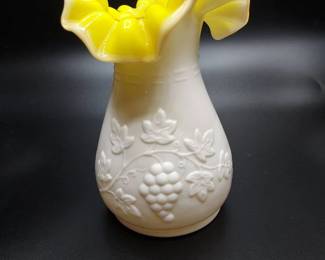 Vintage Ruffled Edge White and Yellow Vase