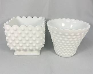 Two Small Fenton Hobnail White Milk Glass Planters