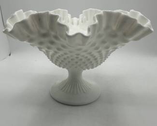 Fenton White Hobnail Milk Glass Pedestal Bowl with Ruffled Rim