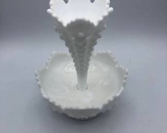 Vintage Fenton White Milk Glass Hobnail Epergne with One Horn