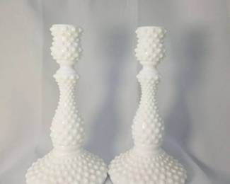 Pair of Fenton Milk Glass Hobnail Candlesticks