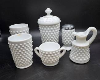 6 White Hobnail Milk Glass Items