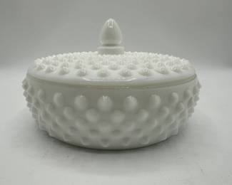 Fenton White Milk Glass Hobnail Flat Covered Dish