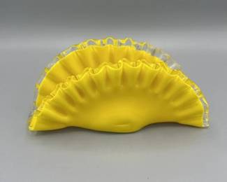 Vintage Napkin Holder Bright Yellow Crested Fenton Fan Glass