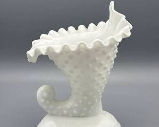 Fenton Hobnail Milk Glass Cornucopia Vase