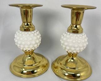 Fenton Hobnail White Milk Glass Gold Tone 5in Candlesticks