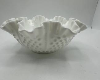 Fenton White Milk Glass Hobnail Double Crimped Bowl