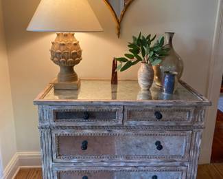 Great mirrored chest, artichoke lamp 