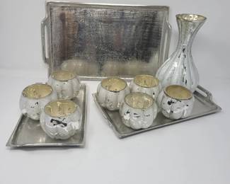 Metal Tray Set with Silvery Glass Vase & Tealight Holders