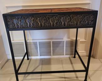 Black Metal & Repousse Elephant Design Bamboo Top Side Table