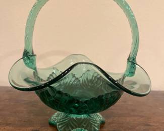 Fenton Leafy Pat. Colonial Seafoam Green Glass Handled Basket