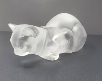 Signed Lalique Frosted Crystal Crouching Cat c.1960