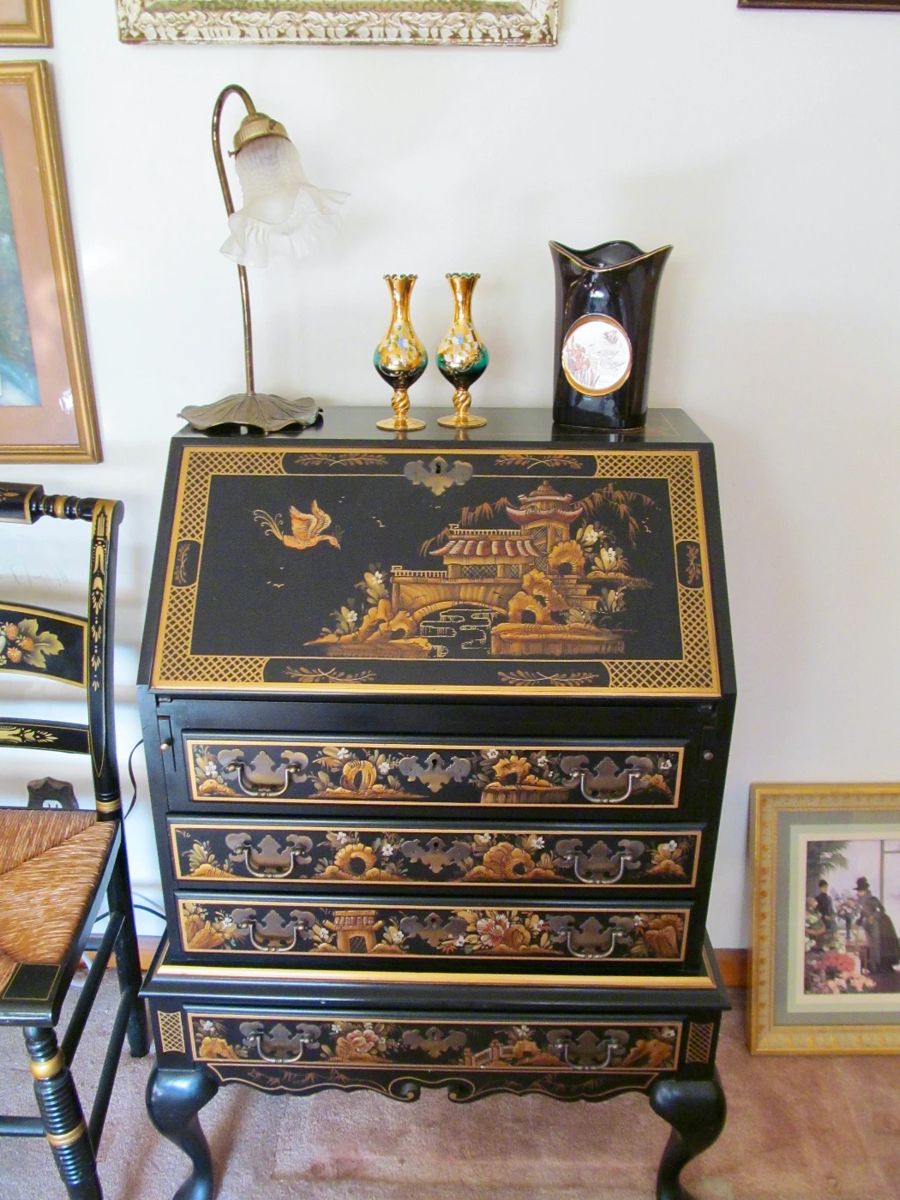 HAND PAINTED CHINOISERIE  SECRETARY W/ CHAIR