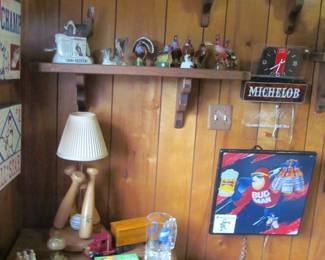 BEER CLOCKS, TOYS, LIQUOR DECANTERS, SPORTS MEMORABILIA.